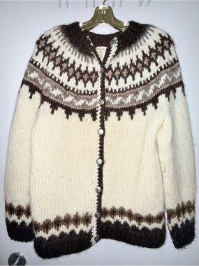 100% Wool Cream & Brown Nordic Yoke Cardigan Sweater